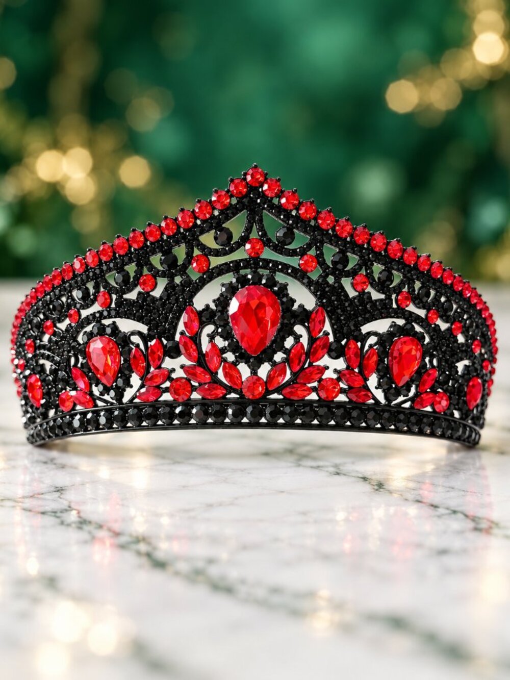 Red Black Rhinestone Tiara Crown Gothic Wedding Halloween Queen Prom Headpiece